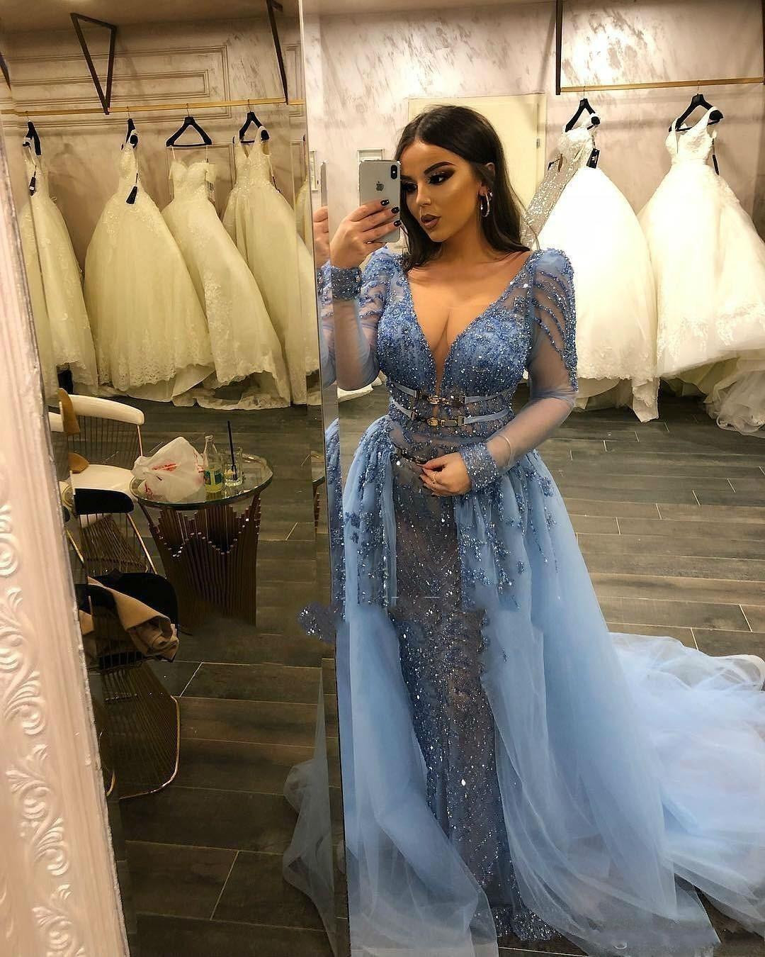 latest mermaid prom dresses sexy deep v neck sheer long sleeve evening gowns sequins illusion beaded women formal overskirt party dress