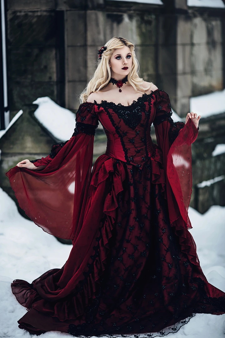 Red Romantic Wedding Dresses Off The Shoulder Black Lace Appliques Vintage Gothic Bridal Vestidos De Novia Sweep Train Boho Wedding Gowns