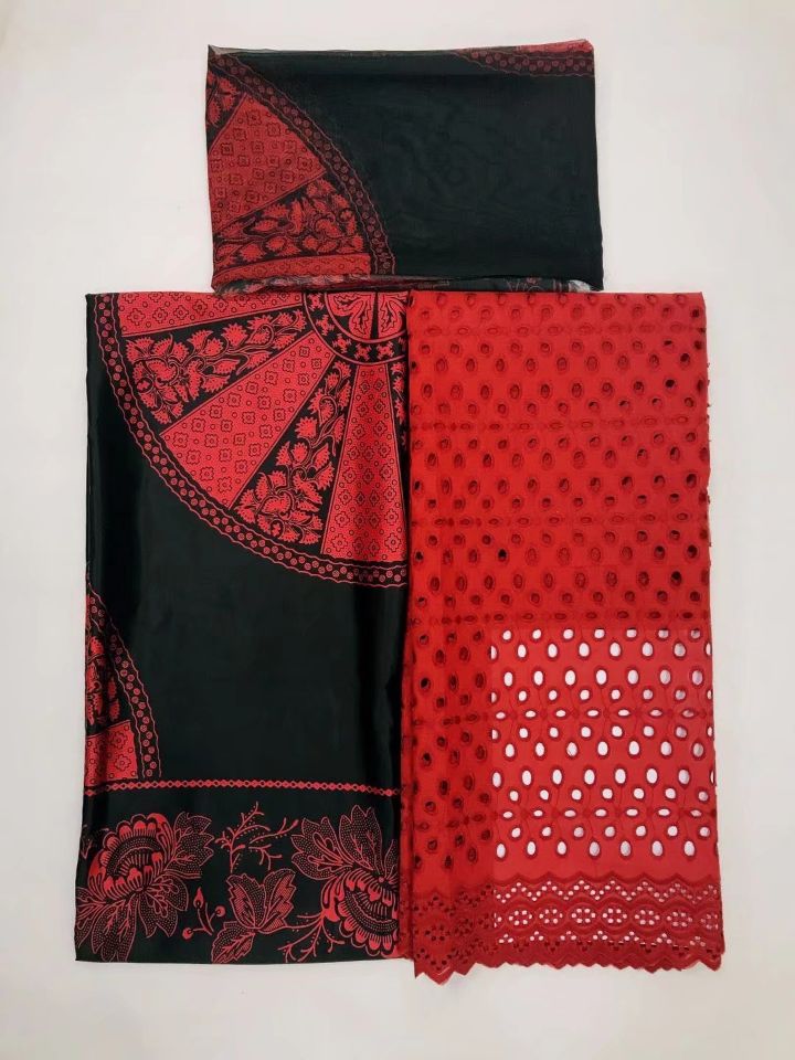 2.5Yards Beautiful red african cotton fabric and 2.5Y+2yards black smooth korea chiffon satin lace material for dress LG14-3