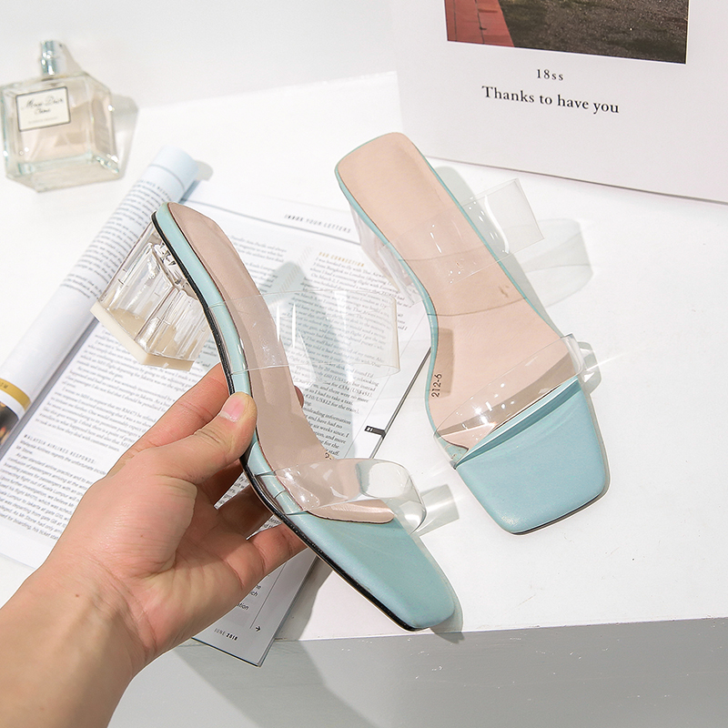 Wholesale Transparent Jelly Women's Slippers Summer Open Toes Shoes Fashion Woman Slides Square Heels Sandals Mule Footwear Zapatos De Muje