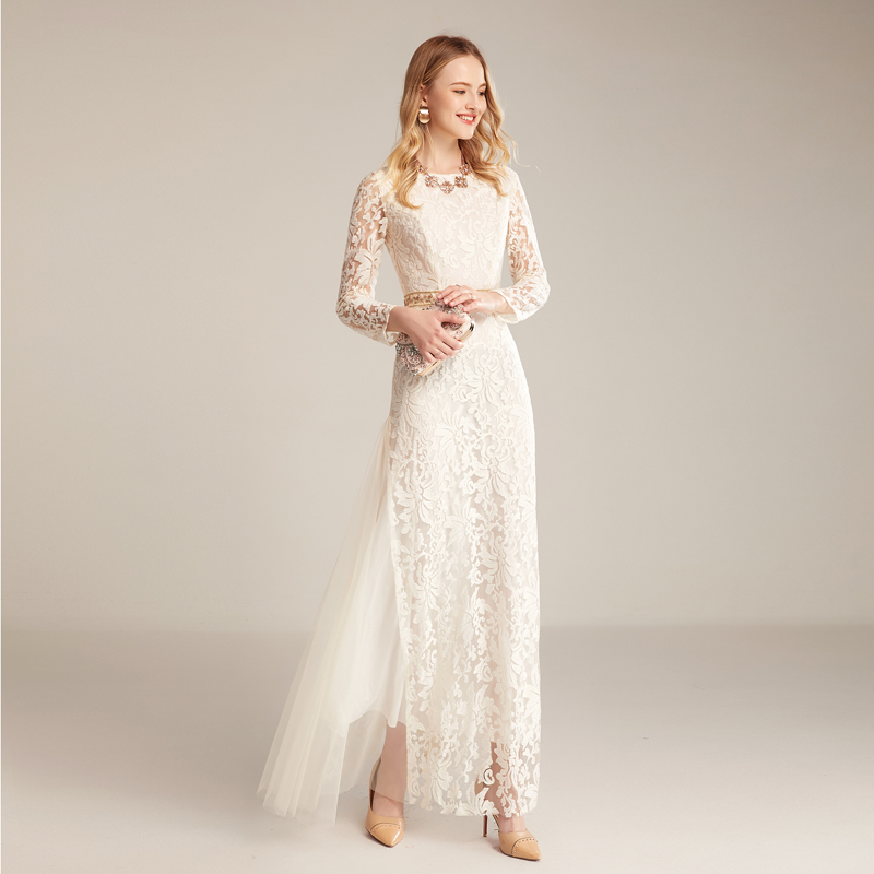 Women's Runway Dresses O Neck Long Sleeves Embroidery Lace Beaded Waist Elegant Fahion Maxi Party Prom