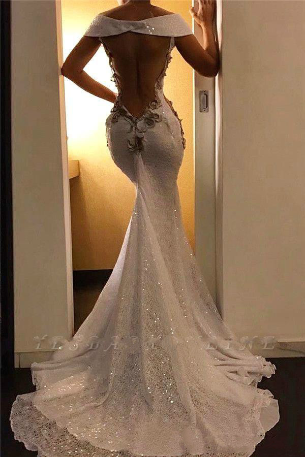 2020 Sexy Off The Shoulder Mermaid Prom Dresses Vintage Open Back Lace Appliqued Evening Gown Sparkly Formal Party Wear