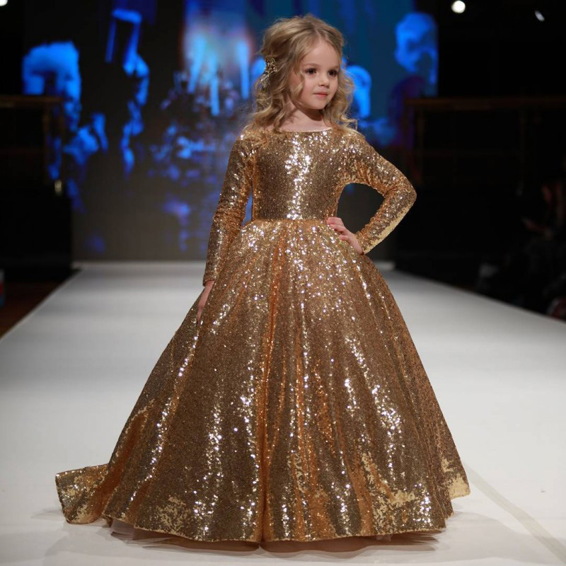 Gold Sequined High Low Girls Pageant Gowns with Lace Sheer Long Sleeves Sweep Train Baby Flower Girl Dresses For Wedding Custom Made