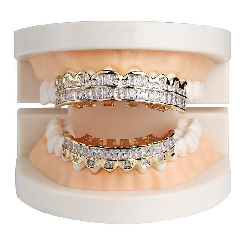 New Baguette Set Teeth Grillz Top Bottom Rose Gold Silver Color Grills Dental Mouth Hip Hop Fashion Jewelry Rapper Jewelry