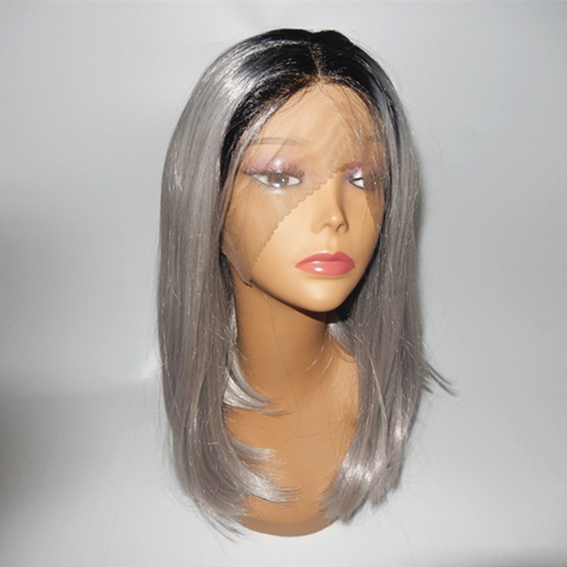 Side part Ombre Grey Short Bob wig Straight Synthetic Lace Front Wigs with bangs Heat Resistant Fiber Glueless For White Women