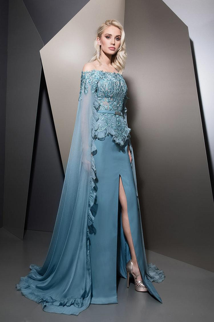 Fashion Front Split Evening Dresses With Cape Beaded Off The Shoulder Prom Gowns Vestidos De Fiesta Sweep Train Satin Appliqued Formal Dress