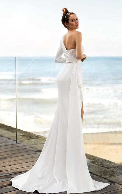 Modest One Shoulder Wedding Dresses Side Split Glitter Mermaid Satin Bridal Gowns Ruched Long Sleeve Sexy vestido de novia