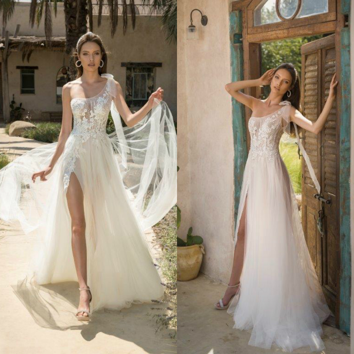 Julie Vino Wedding Dresses Boho One Shoulder High Slit Lace Appliques Beach Wedding Dress Bohemian A Line Bridal Gowns Vestidos De Novia