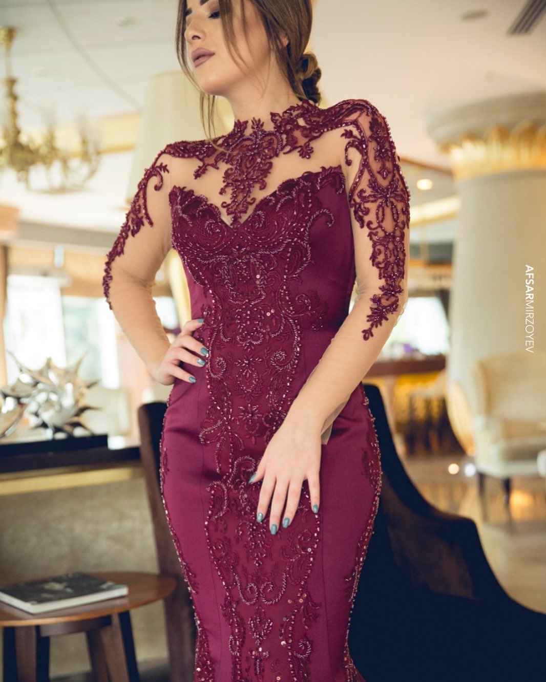 elegant burgundy highneck mermaid bejeweled aso ebi dress for special events and second receiving