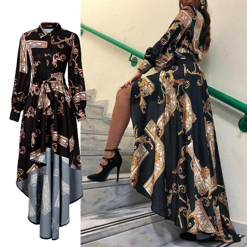 

2019 Autumn Womens Maxi Baroque Print Lantern Sleeve Long Sleeve Button Bandage Elegant Dress Slit Evening Party Sun Dress, Black