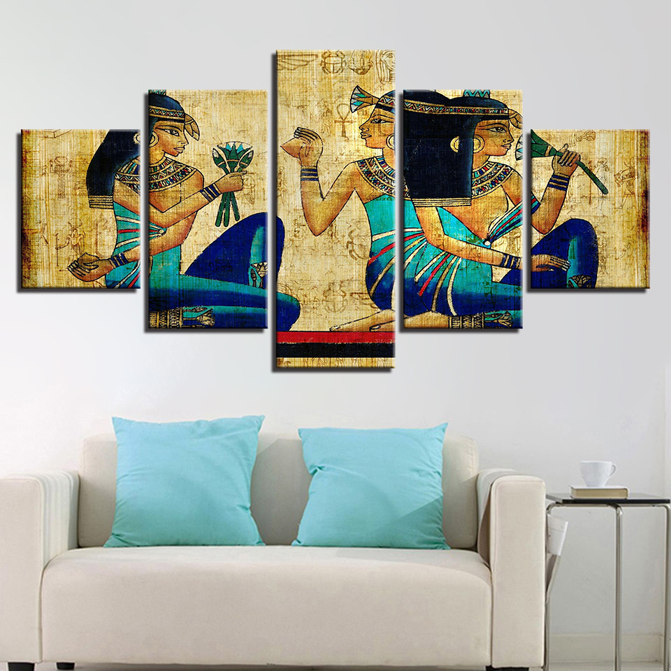 Canvas Pictures Home Decor HD Prints Abstract Posters 5 Pieces Vintage Ancient Egypt Pharaohs Girls Paintings Wall Art(No Frame)