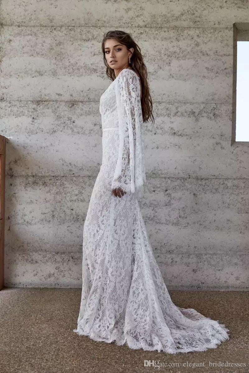 Sexy Bohemian Cheap Full Lace Mermaid Dresses V Neck Puffy Long Sleeves Backless Floor Length Plus Size Wedding Dress Bridal Gowns