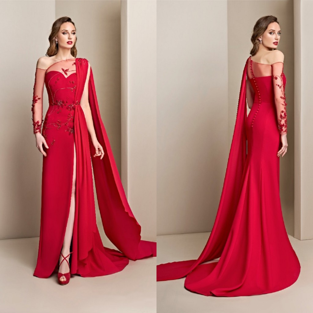 2020 Red Evening Dresses With Wrap One Shoulder Satin High Split Sweep Train Mermaid Prom Dress Party Wear Custom Made Robes De Soirée