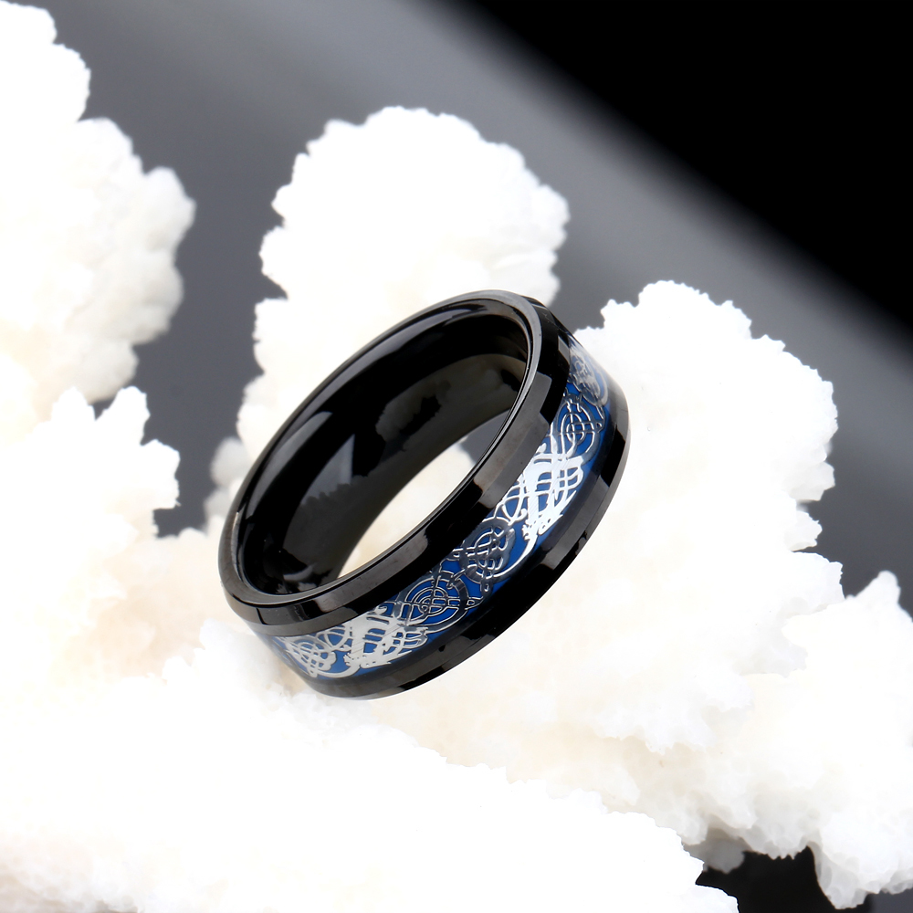 Somen Ring Men 8mm Black Tungsten Ring Celtic Dragon Inlay Polished Male Engagement Rings Cool Jewelry Friend Gifts Anel Hombre D19011502