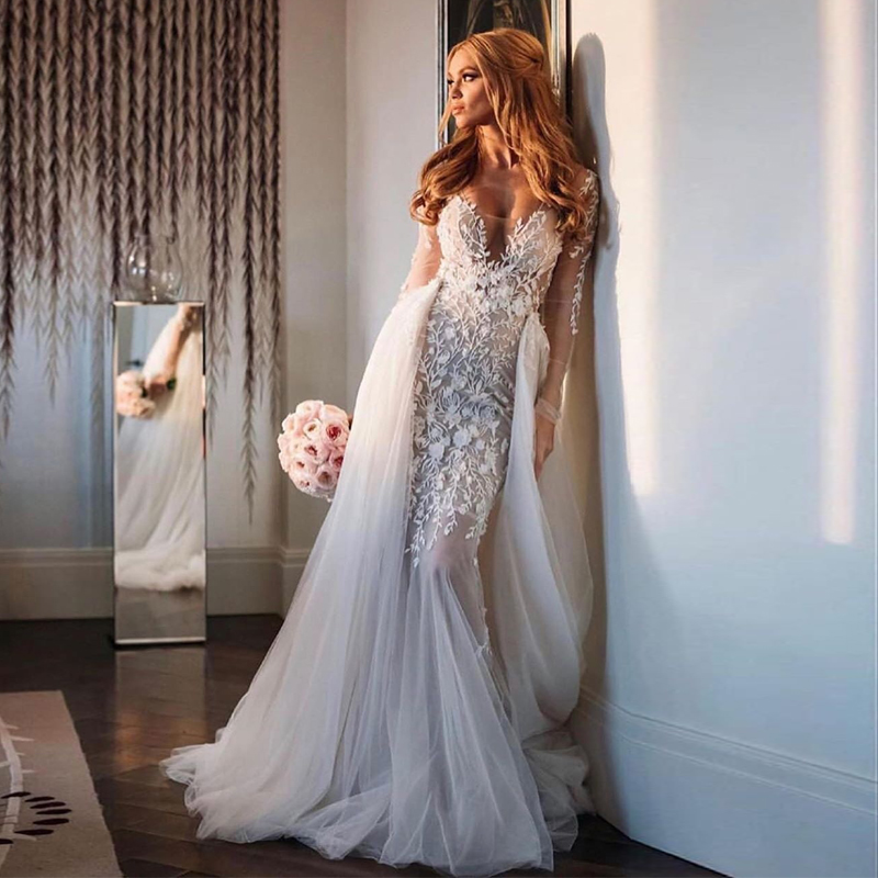 Berta Lace Stunning Mermaid Wedding Dresses Deep V Neck Long Sleeves Backless Bridal Gowns With Detachable Train Trumpet Robe De Marie