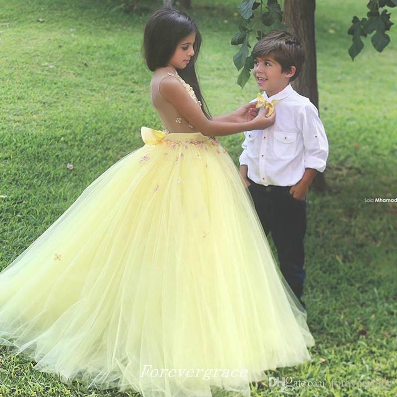 2019 Cute Yellow Flower Girls Dress High Quality See Though Tulle Floral Appliques Floor-Length Long Special Occasion Dresse Pageant Dress