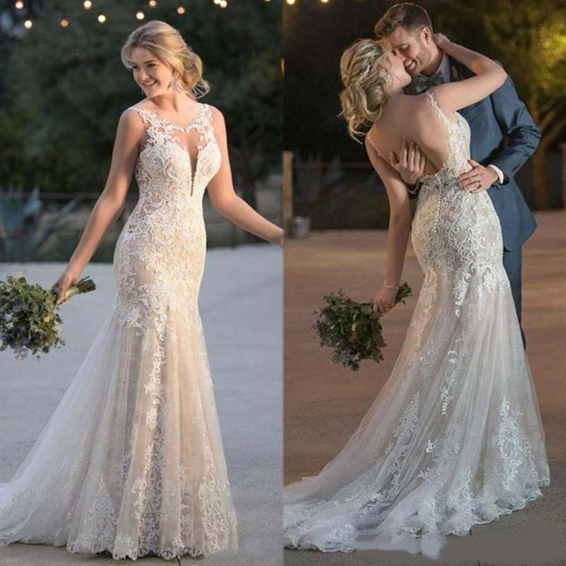 Mermaid Wedding Dresses 2020 Sheer Neck Sleeveless Backless Applique Bridal Gowns Plus Size vestido de novia
