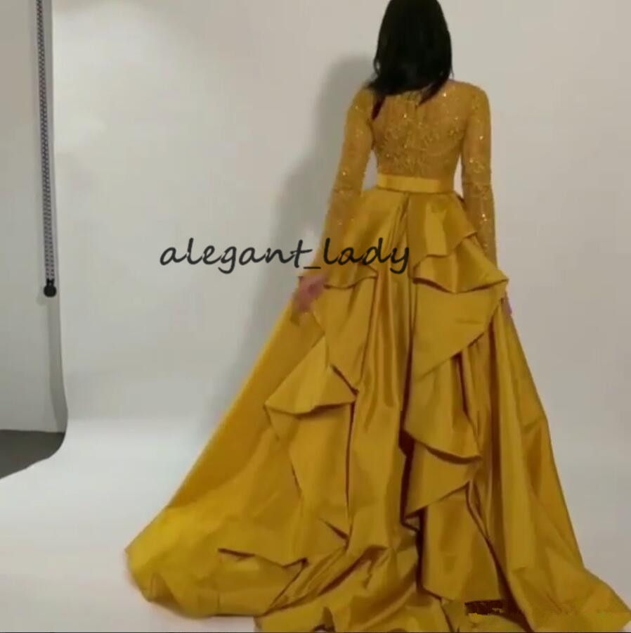Gold Luxury Long Sleeve Prom Formal Dresses 2019 High Neck Lace Stain Plus Size Arabic Dubai Muslim Kaftan Occasion Evening Wear Gowns
