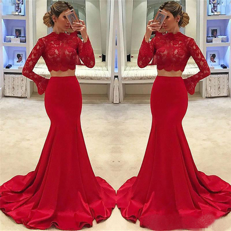 Two Pieces Red Mermaid Prom Dresses 2019 High Neck Lace Long Sleeve Formal Evening Gowns Plus Size Special Occasion Dresses Cheap