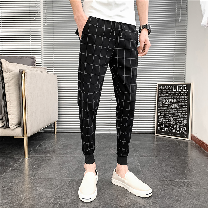 Korean Summer Plaid Pants Men Brand New 2020 Slim Fit Mens Casual Harem Pants Streetwear Simple Men Joggers Black Trousers