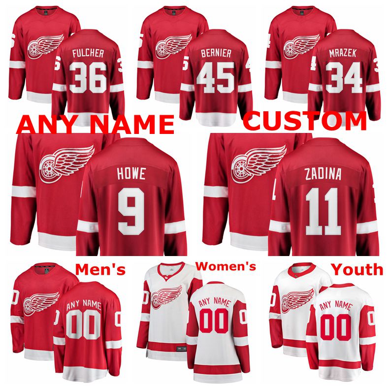 

Detroit Red Wings Jerseys Jonathan Bernier Jersey Kaden Fulcher Petr Mrazek Filip Zadina Gordie Howe Red White Hockey Jerseys Custom Stitced, Black;red