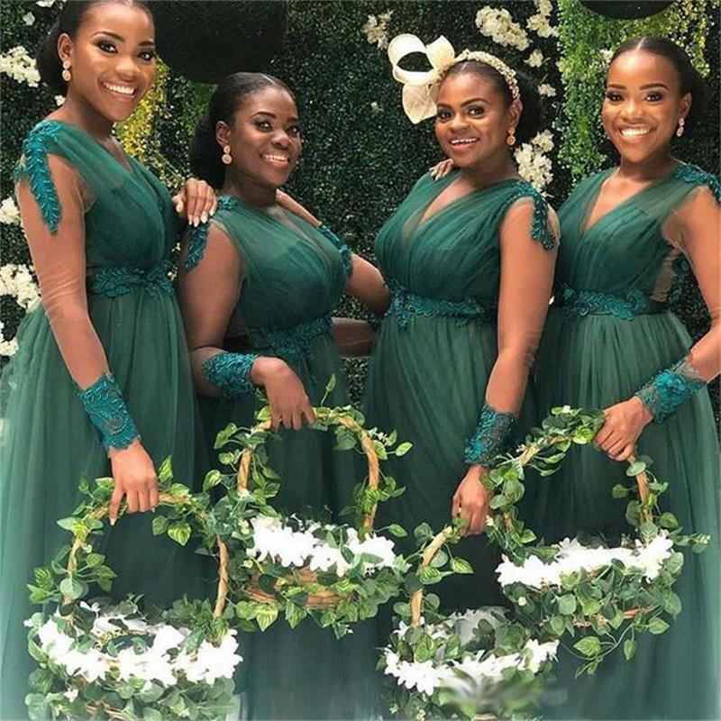 plus size bridesmaid dresses for weddings african v neck tulle long sleeve evening gowns lace appliques beaded maid of honor dress