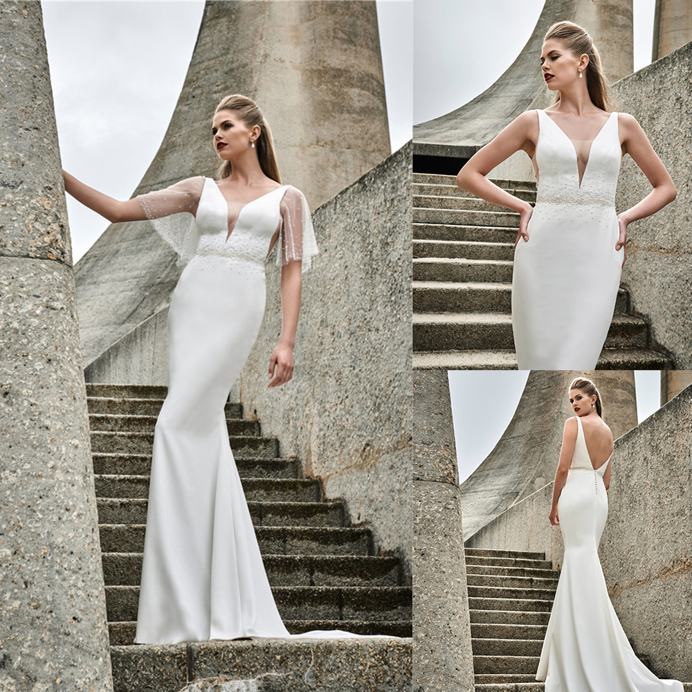 Elbeth Gillis 2021 Wedding Dresses Deep V Neck Lace Satin Beads Bridal Gowns Custom Made Backless Sweep Train Mermaid Robe De Soiree, White
Elbeth Gillis 2021 Wedding Dresses Deep V Neck Lace Satin Beads Bridal Gowns Custom Made Backless Sweep Train Mermaid Robe De Soiree, White