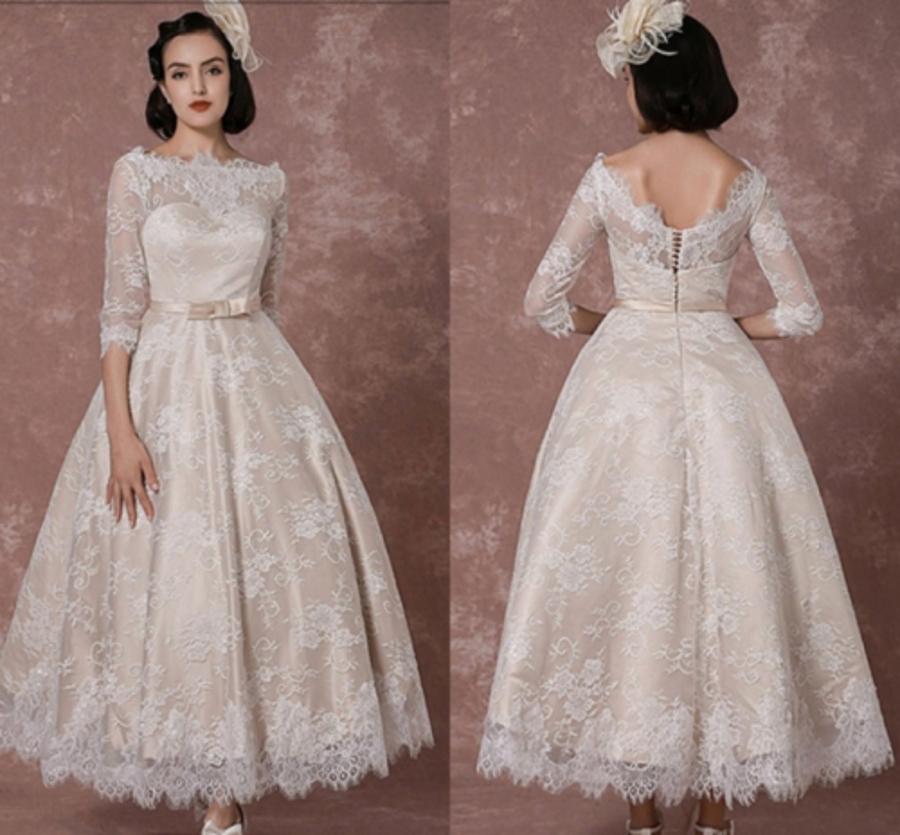 Lace Wedding Dress 2020 Vintage Bateau Champagne Half Sleeves Bridal Gown A line Backless Tea length Sash Reception Bridal Dress