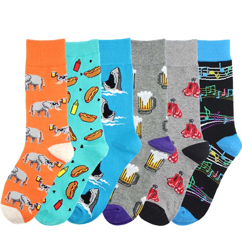 New men's Crew Socks Funny Cotton Harajuku Creative Beer Elephant Boxing Pattern Trend Fashion Men's Socks Christmas Sock Gift