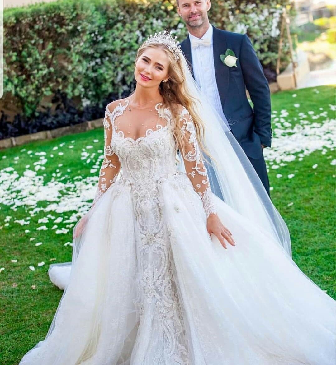 2020 Luxury Mermaid Wedding Dresses With Detachable Train Lace Appliques Jewel Neck Beach Wedding Dress Illusion Bodice Vestidos De Novia