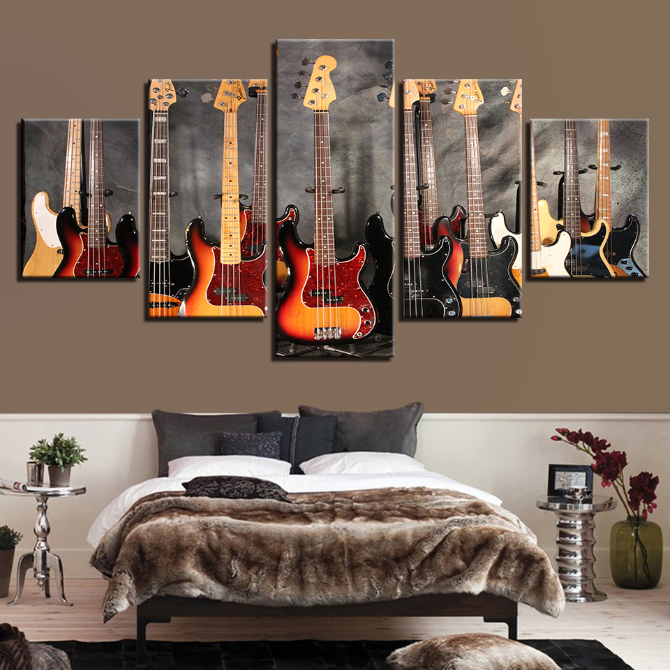Canvas Paintings Modular Wall Art Prints 5 Pieces Bass Guitar Collage Pictures Music Poster For Living Room Home Decor No Frame