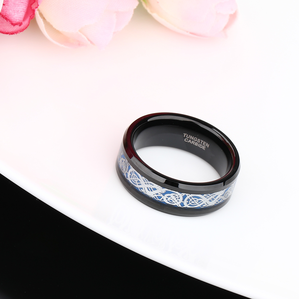 Somen Ring Men 8mm Black Tungsten Ring Celtic Dragon Inlay Polished Male Engagement Rings Cool Jewelry Friend Gifts Anel Hombre D19011502