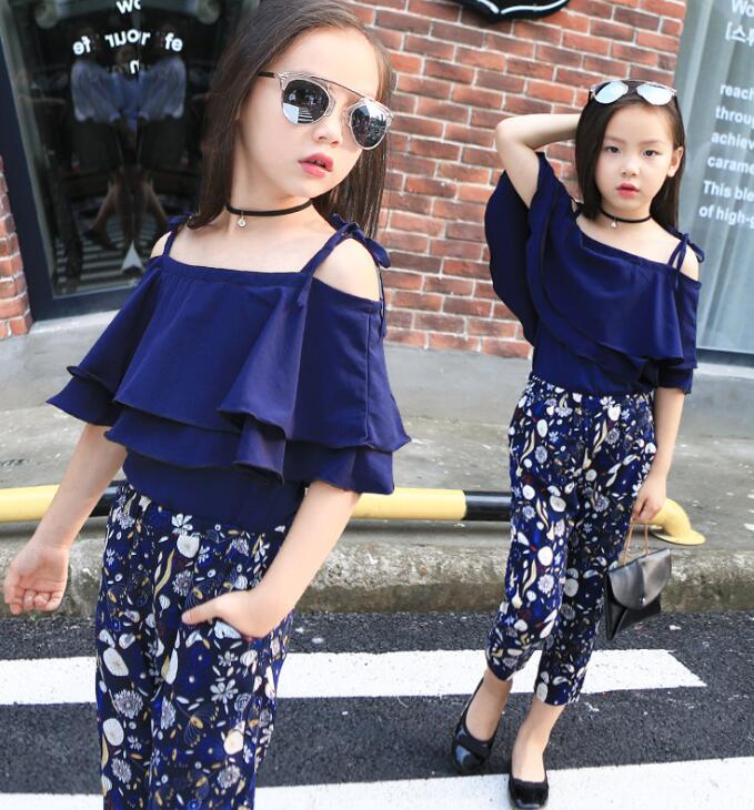 Girl Boutique Clothing Sets Baby Off Shoulder Tops Pant Set Chiffon Tee Shirt Floral Print Pants Children Beachwear Suit GGA3508-3
