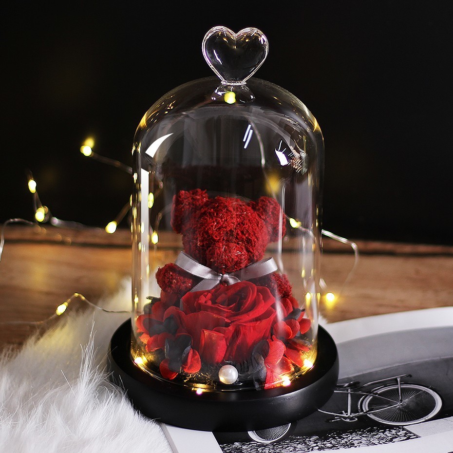 Teddy Bear Rose Flowers In Glass Dome Christmas Festival DIY Cheap Home Wedding Decoration Birthday Valentine's Day Gifts