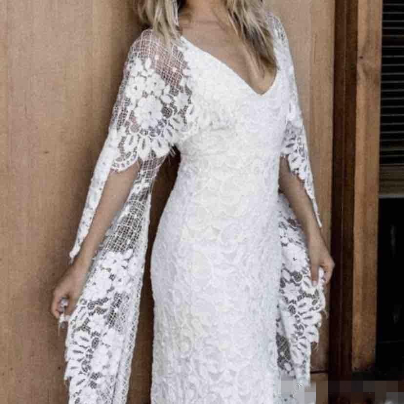 2020 Full Lace Mermaid Wedding Dresses with Wrap Front Slit Floor Length V Neck Beach Wedding Gown robe de mariée