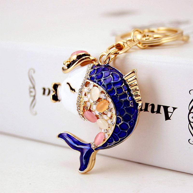 Fashion Car Keychain Gold Plated Alloy Rhinestone Crystal Kawaii Animal Fish Pendant Car Key Chain Accessories Key Ring Holder 3pcs