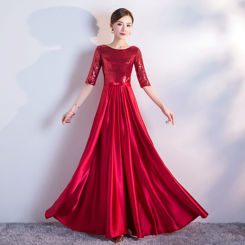 Satin Long Bridesmaid Dresses with Sequins Top 2020 Half Sleeves Evening Gown Lace Up Party Dress Elegant Gold Royal Blue Red