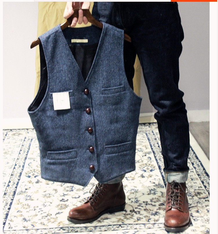 2020 Blue Groom Vests Attire For Wedding Bestmen Wool Herringbone Tweed Custom Made Slim Fit Mens Suit Vest Farm Prom Dress Waistcoat