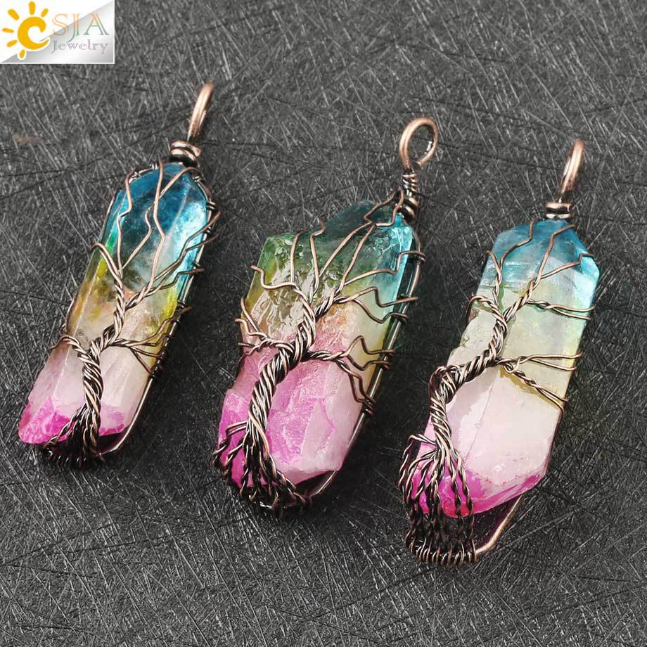 Vintage Reiki Natural Stone Crystal Pendant Necklace Women Men Wire Wrap Tree of Life Pendants Pendulum Gems Rainbow Jewelry
