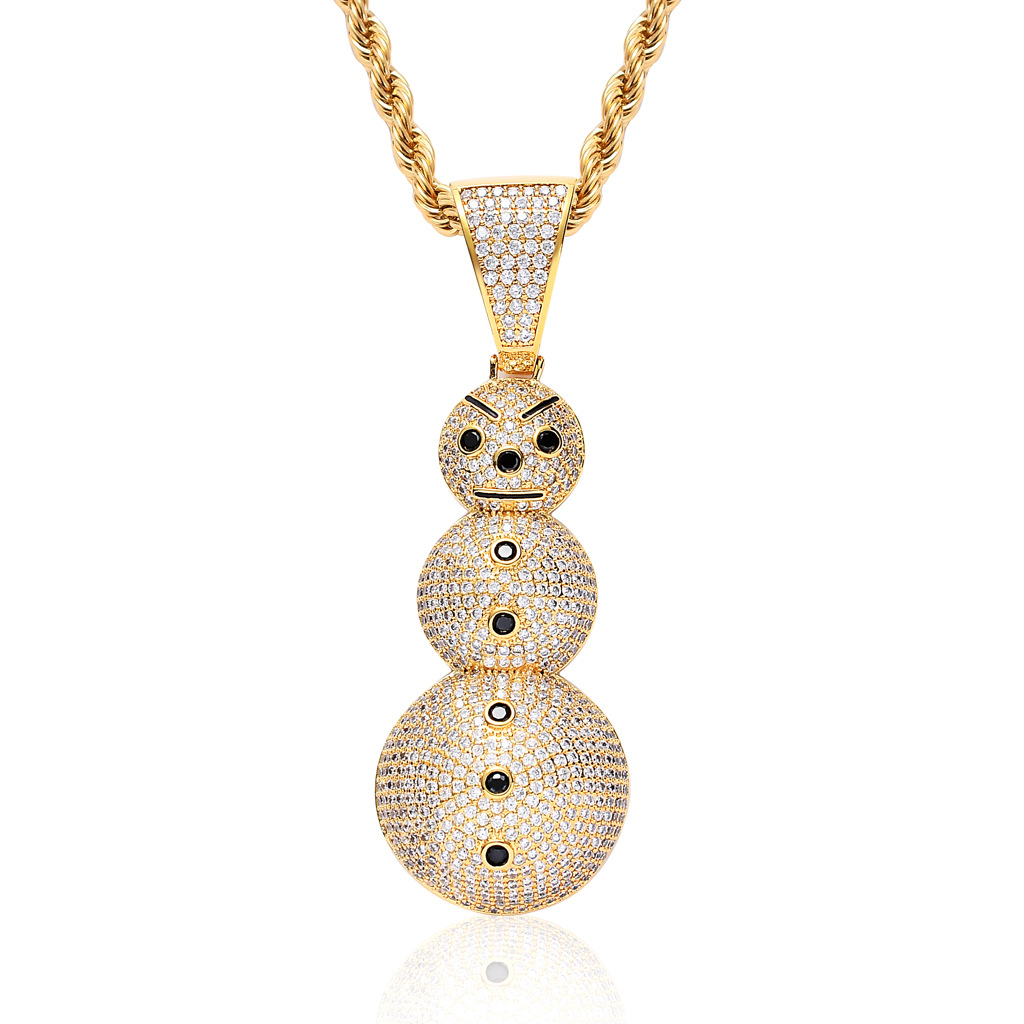 New 18K Gold Plated Ice Out Full CZ Cubic Zirconia Christmas Snowman Pendant Necklace Twist Chain Hip Hop Jewelry Gifts for Men and Women