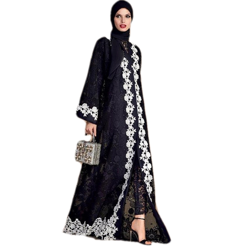 Muslim Lady Black Robe Lace Stitching White Embroidered Lace Openwork Sexy Black Pattern Dress Arabic Cardigan Islamic Jilbab
Muslim Lady Black Robe Lace Stitching White Embroidered Lace Openwork Sexy Black Pattern Dress Arabic Cardigan Islamic Jilbab