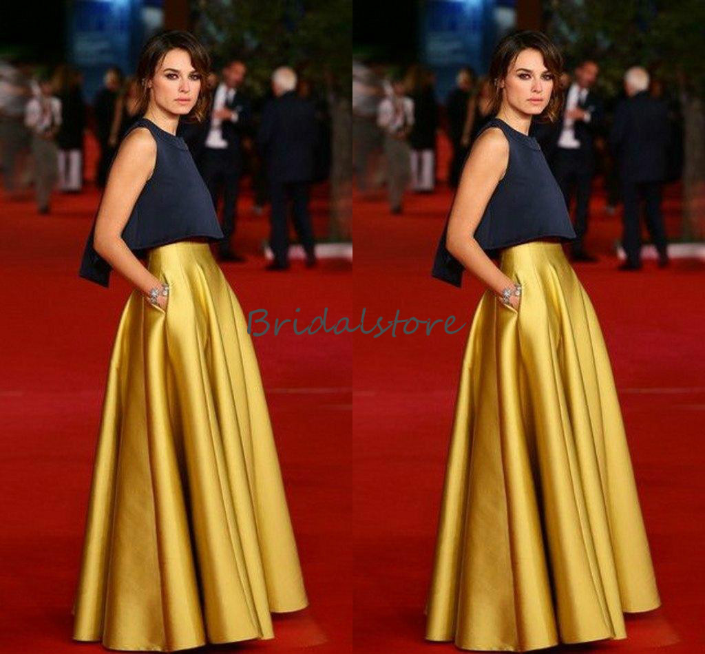 Unique Black And Gold 2 pieces Prom Dresses With Pockets Floor Length Red Carpet Celebrity Dresses For Evening Wear Outfits Prom Gowns 2019