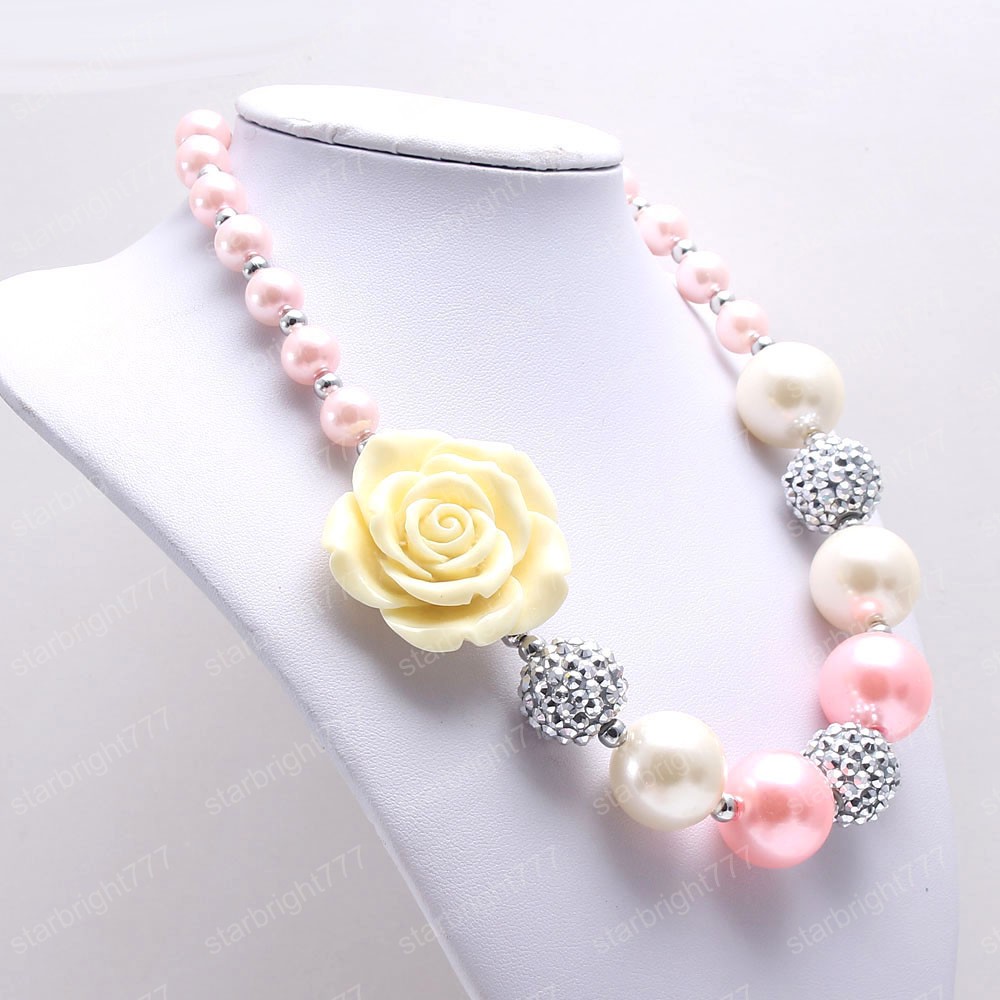 Child Girls Chunky Beads Necklace Fashion Rose Flower Chunky Necklace Jewelry For Baby Kids Sweetly Design Birthday Gift