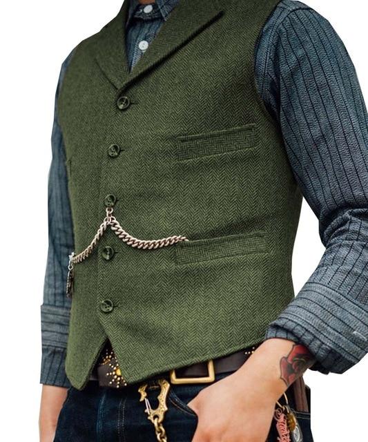 Groom Vests Brown Tweed Groomsmen Wool Herringbone 3 Style Men's Suit Attire Slim Fit Men's Dress Vest Custom Wedding Waistcoat
