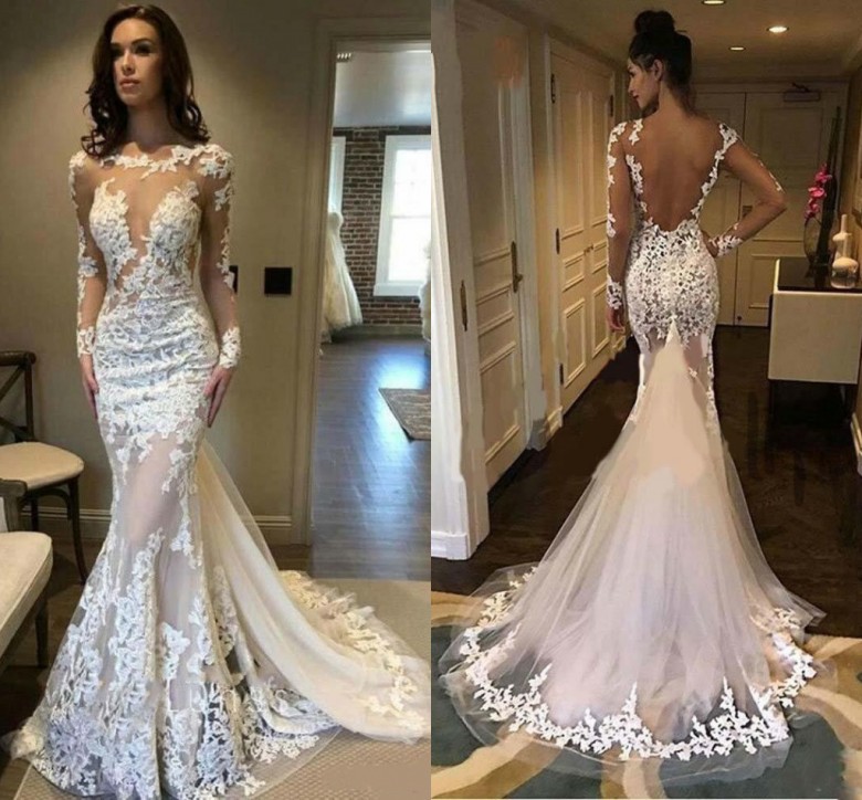 Classy Berta Mermaid Wedding Dresses Backless Illusion Bateau Neck Long Sleeves Sexy Lace Bridal Gowns Tulle robes de mariée