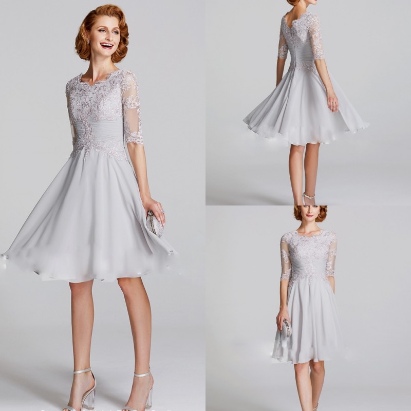 2019 Newest Short Mother of the Bride Dresses Lace Appliqued Chiffon Knee Length 3/4 Long Sleeve Mothers Dresses Cheap Wedding Guest Dress