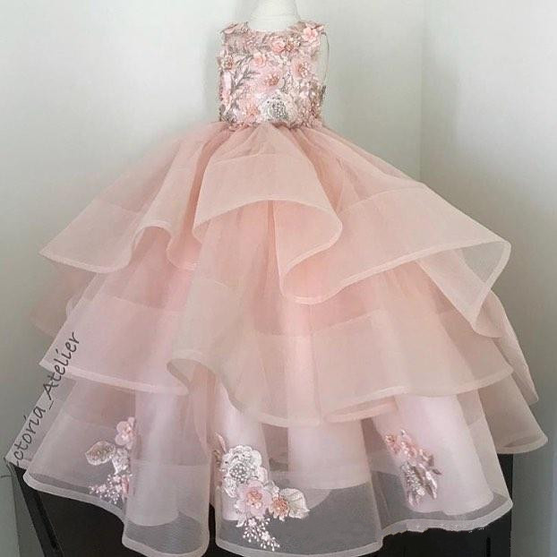 Pink Lace Beaded 2019 Flower Gilr Dresses Tiers Ball Gown Little Girl Wedding Dresses Cheap Beautiful Child Pageant Dresses Gowns