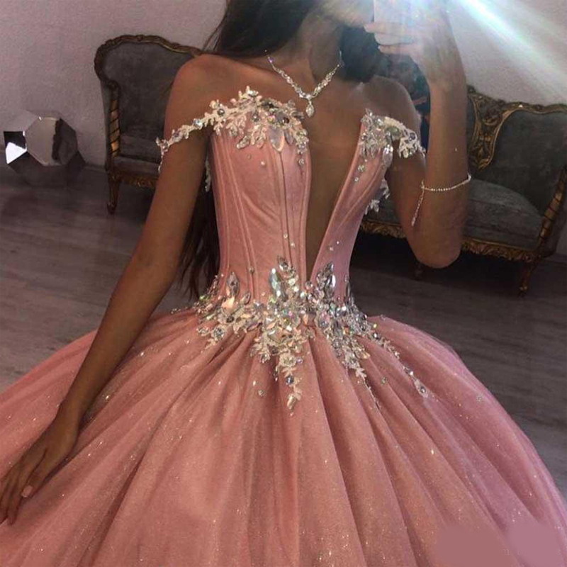 Lovely Pink Quinceanera Dress 2020 Ball Gown Sweet 15 16 Dresses Beading Crystal Long Princess Gown For Birthday Party Plus Size