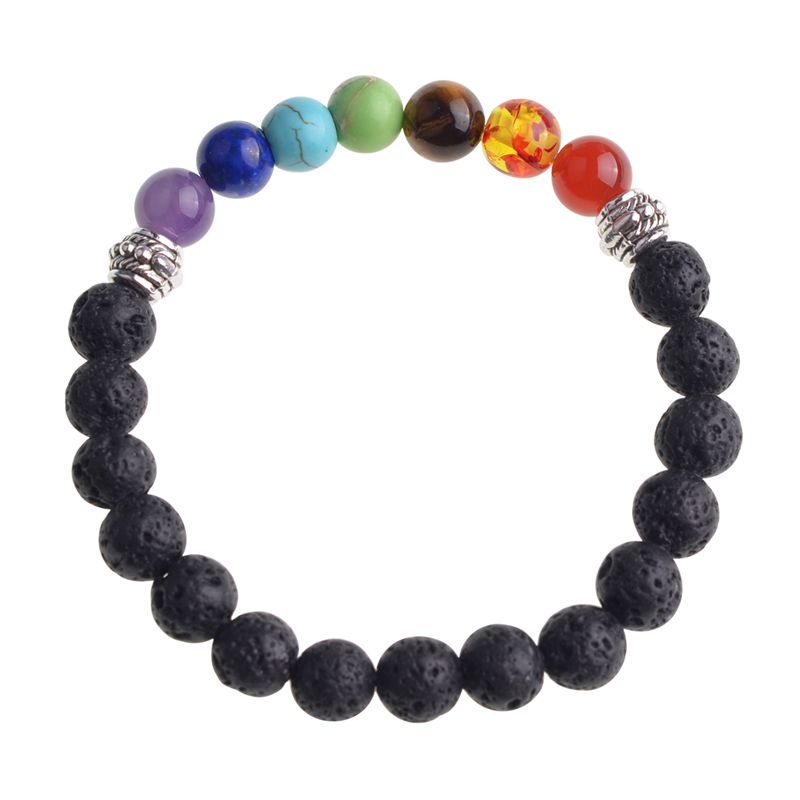 Black Lava Stone Jewelry 7 Chakra Bracelets Strands 8mm Yinyang Rock Bead Elastic Natural Stones Gemstones Yoga Menditation Beads for Men Women Girls