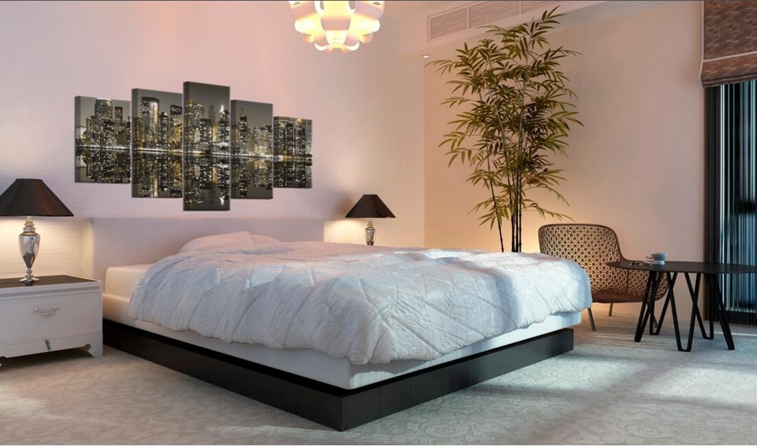( No Frame)5PCS/Set Modern Urban Architecture Abstract Fascinating Night Art Print Frameless Canvas Painting Wall Picture Home Decoration